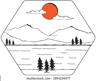 diseño de dibujo a mano de montañas y árboles junto al río