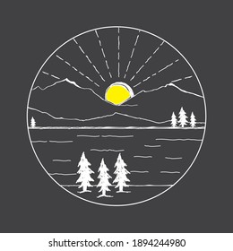 hand drawing design of mountains and trees by the river