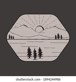 hand drawing design of mountains and trees by the river