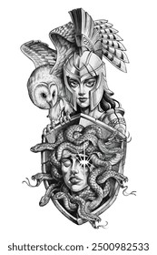 Hand drawing detailed tattoo of Minerva, the Roman goddess, holding a shield with Medusa's head. The design features an owl perched on Minerva's shoulder, symbolizing wisdom