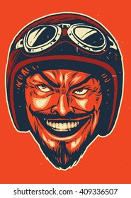 Hand drawing devil wearing motorcycle helmet