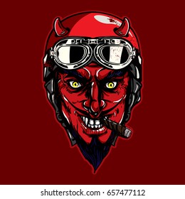 Hand drawing of devil wearing motorcycle helmet