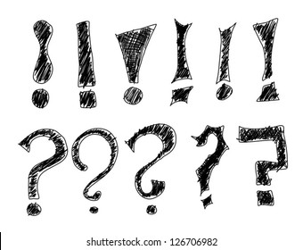 Hand drawing of different variations of exclamation mark and question mark doodles