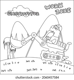 Hand drawing digger and worker dinosaur print design, Childish design for kids activity colouring book or page.