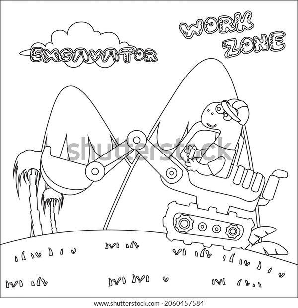 Hand drawing\
digger and worker dinosaur print design, Childish design for kids\
activity colouring book or\
page.