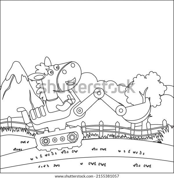 Hand drawing digger\
and worker horse print design, Childish design for kids activity\
colouring book or page.