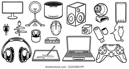 Hand drawing of digital gadgets doodle set isolated on white background.