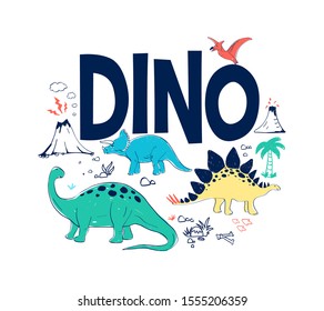 Hand drawing dinosaur vector print design.