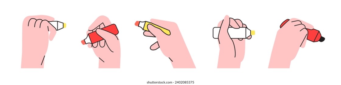 Signo de flecha de dirección de dibujo manual con marcador, lápiz o conjunto de resaltadores o colección. La ilustración vectorial del brazo de dibujos animados masculinos o femeninos enfatiza información importante con pluma de fieltro en pizarra blanca.