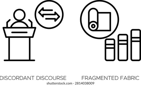 Hand drawing of discordant discourse and fragmented fabric labels with arrows symbol vector illustration