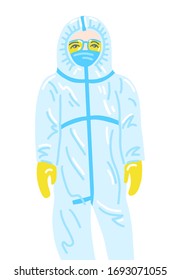 hand drawing of doctor in disposable protective suit in flat style, vector illustration