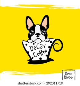 Hand drawing dog face with coffee cup logo vector.