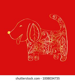 Hand drawing dog with floral decorative.