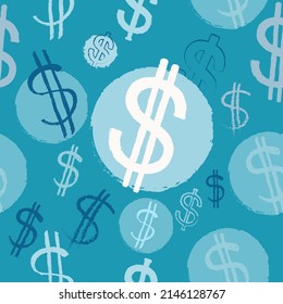 Dibujar dólares a mano aislados en el vector de fondo azul. ilustración de patrón transparente.