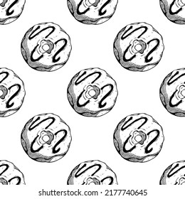 hand drawing donut with chocolate topping in seamless pattern