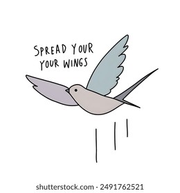 hand drawing doodle of a bird spread your wings, pastel color, simple minimalis cartoon