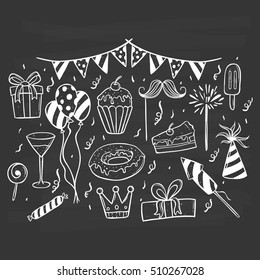 hand drawing or doodle birthday party elements collection on chalkboard background