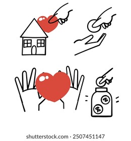 hand drawing doodle charity donation and protection, food related icon illustration