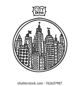 Hand drawing doodle city in the circle isolated on white background
