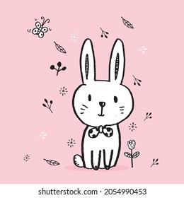 Hand drawing doodle cute Bunny, rabbit vector illustration for t-shirt ,card, poster design for kids. Vector illustration design for fashion fabrics, textile graphics, prints, rabbit cartoon 