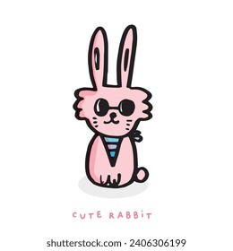 Doodle de dibujo a mano lindo Conejo, ilustración vectorial de conejo para camiseta, tarjeta, diseño de afiches para niños. Diseño de ilustraciones vectoriales para telas de moda, gráficos textiles, impresiones, dibujos animados de conejo,Dibujo manual