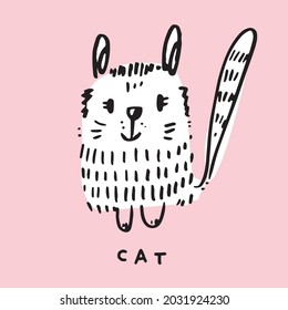 Hand drawing doodle cute cat vector illustration for t-shirt ,card, poster design for kids. Vector illustration design for fashion fabrics, textile graphics, prints, Cute cat cartoon