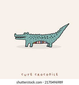 Hand Drawing Doodle Cute Crocodile Vector Illustration For T-shirt Design For Kids. Vector Illustration Design For Fashion Fabrics, Textile Graphics, Prints, Cute Alligator