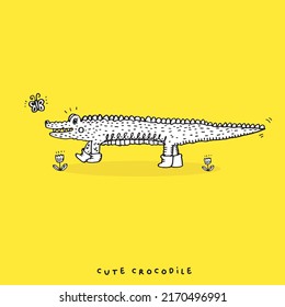 Hand drawing doodle cute crocodile vector illustration for t-shirt design for kids. Vector illustration design for fashion fabrics, textile graphics, prints, Cute alligator