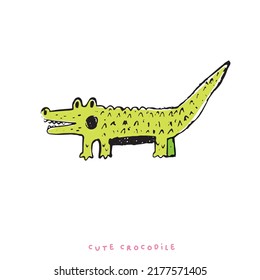 Hand Drawing Doodle Cute Crocodile Vector Illustration For T-shirt Design For Kids. Vector Illustration Design For Fashion Fabrics, Textile Graphics, Prints, Cute Alligator