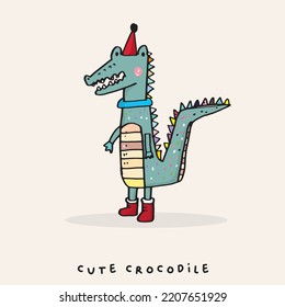 Hand Drawing Doodle Cute Crocodile Vector Illustration For T-shirt Design For Kids. Vector Illustration Design For Fashion Fabrics, Textile Graphics, Prints, Cute Alligator