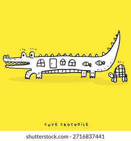 Hand drawing doodle cute crocodile vector illustration for t-shirt design for kids. Vector illustration design for fashion fabrics, textile graphics, prints, Cute alligator