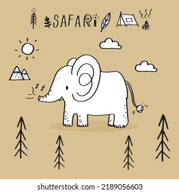Dibujo manual doodle tierno elefante ilustración vectorial para camiseta, tarjeta, diseño de afiches para niños. Diseño de ilustraciones vectoriales para telas de moda, gráficos textiles, impresiones, dibujos animados de elefantes Cute