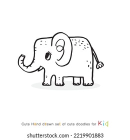 Dibujo manual doodle tierno elefante ilustración vectorial para camiseta, tarjeta, diseño de afiches para niños. Diseño de ilustraciones vectoriales para telas de moda, gráficos textiles, impresiones, dibujos animados de elefantes Cute