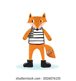Dibujo manual doodle lindo zorro gráfico vector para camiseta, tarjeta, diseño de afiches para niños. Diseño de ilustraciones vectoriales para telas de moda, gráficos textiles, impresiones, dibujos animados de Cute fox