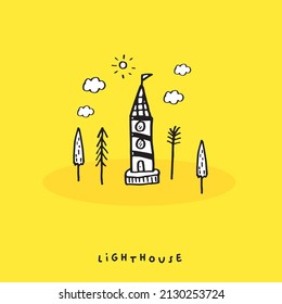 Dibujo manual doodle lindo faro, linda ilustración para verano