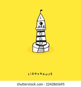 Hand drawing doodle cute lighthouse, Cute illustration for Summer