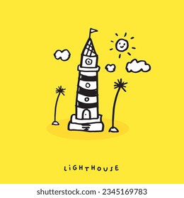 Hand drawing doodle cute lighthouse, Cute illustration for Summer