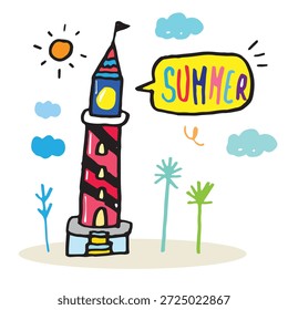 Hand drawing doodle cute lighthouse, Cute illustration for Summer