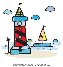 Hand drawing doodle cute lighthouse, Cute illustration for Summer