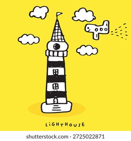 Hand drawing doodle cute lighthouse, Cute illustration for Summer