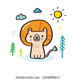 Hand drawing doodle cute lion vector illustration for t-shirt ,card, poster design for kids. Vector illustration design for fashion fabrics, textile graphics, prints, Cute lion cartoon
