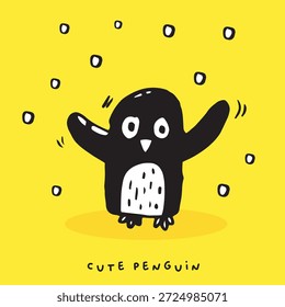 Desenho de mão doodle pinguim bonito vetor ilustração para t-shirt, cartão, design cartaz para crianças, Desenho animado pinguim bonito, animal bonito