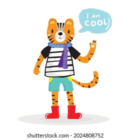 Dibujo manual tigre lindo, ilustración vectorial de tigre para camiseta, tarjeta, diseño de afiches para niños. Diseño de ilustraciones vectoriales para telas de moda, gráficos textiles, impresiones, dibujos animados de tigres 
