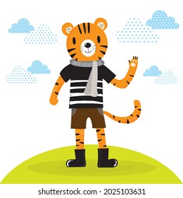 Hand drawing doodle cute tiger,  tiger vector illustration for t-shirt ,card, poster design for kids. Vector illustration design for fashion fabrics, textile graphics, prints, tiger cartoon 
