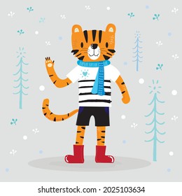 Dibujo manual tigre lindo, ilustración vectorial de tigre para camiseta, tarjeta, diseño de afiches para niños. Diseño de ilustraciones vectoriales para telas de moda, gráficos textiles, impresiones, dibujos animados de tigres 