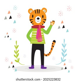 Hand drawing doodle cute tiger,  tiger vector illustration for t-shirt ,card, poster design for kids. Vector illustration design for fashion fabrics, textile graphics, prints, tiger cartoon 