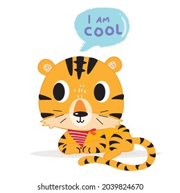 Hand drawing doodle cute tiger,  tiger vector illustration for t-shirt ,card, poster design for kids. Vector illustration design for fashion fabrics, textile graphics, prints, tiger cartoon