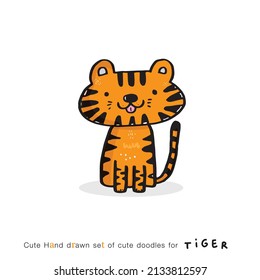Hand drawing doodle cute tiger,  tiger vector illustration for t-shirt ,card, poster design for kids. Vector illustration design for fashion fabrics, textile graphics, prints, cute animal