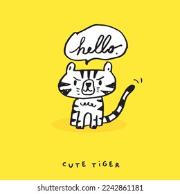Hand drawing doodle cute tiger,  tiger vector illustration for t-shirt ,card, poster design for kids. Vector illustration design for fashion fabrics, textile graphics, prints, cute animal 