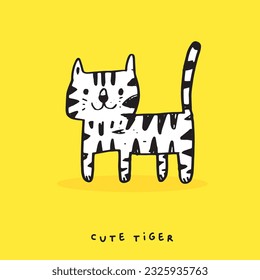 Hand drawing doodle cute tiger,  tiger vector illustration for t-shirt ,card, poster design for kids. Vector illustration design for fashion fabrics, textile graphics, prints, cute animal 